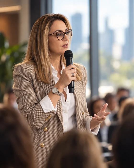 Mirian Otoni, fundadora da OTONI Projetos e Gestão de Riscos, falando ao microfone em um seminário