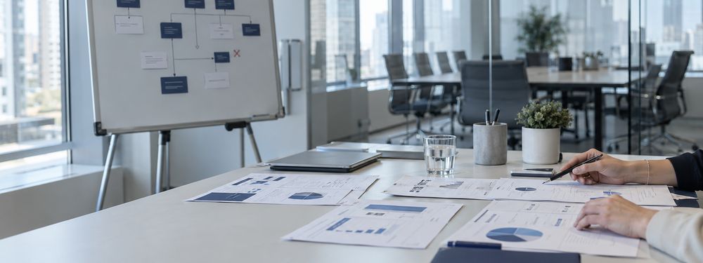 Mesa de reunião com relatórios e gráficos impressos, uma mão revisando um documento e, ao fundo, um quadro com fluxograma de processos